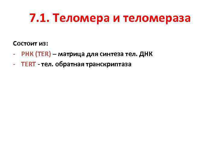 7. 1. Теломера и теломераза Состоит из: - РНК (TER) – матрица для синтеза