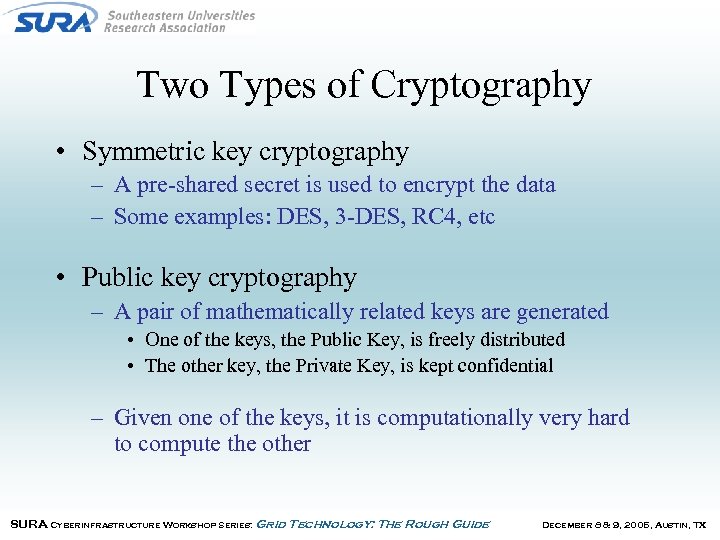 Two Types of Cryptography • Symmetric key cryptography – A pre-shared secret is used