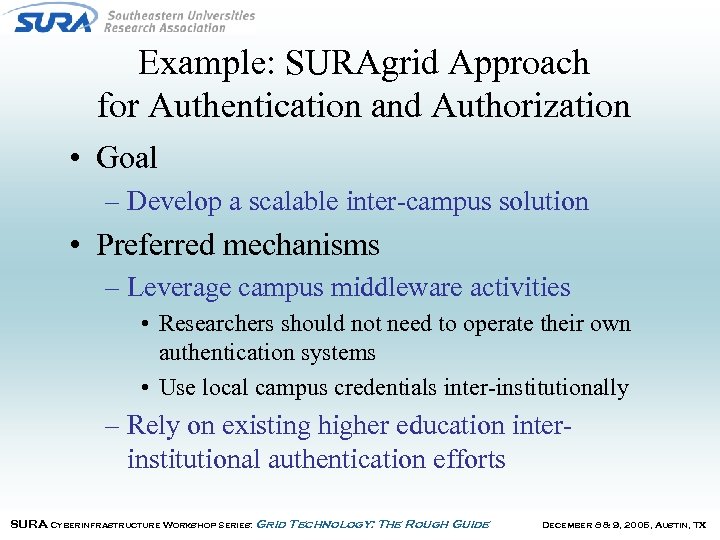 Example: SURAgrid Approach for Authentication and Authorization • Goal – Develop a scalable inter-campus