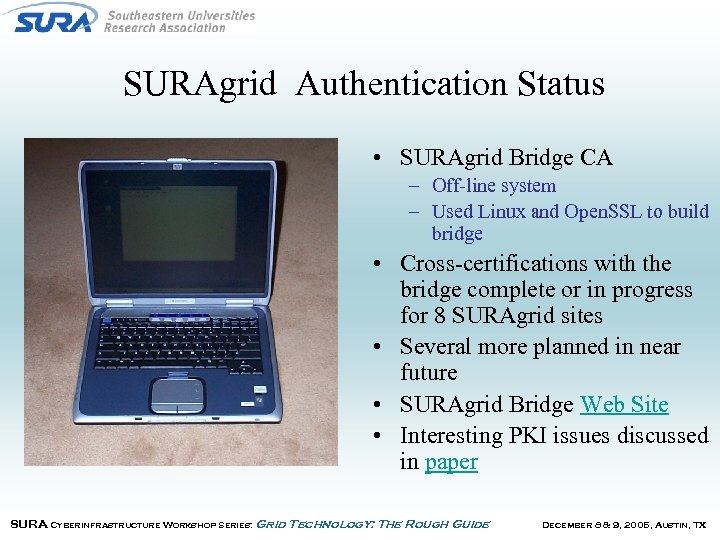 SURAgrid Authentication Status • SURAgrid Bridge CA – Off-line system – Used Linux and