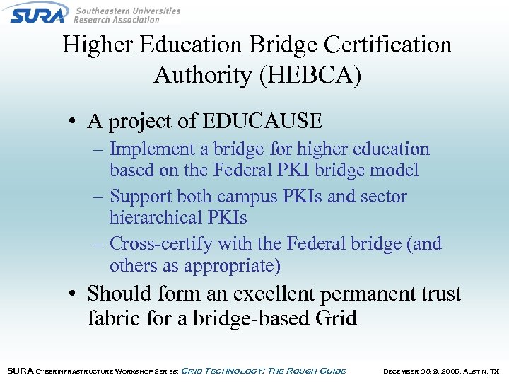 Higher Education Bridge Certification Authority (HEBCA) • A project of EDUCAUSE – Implement a