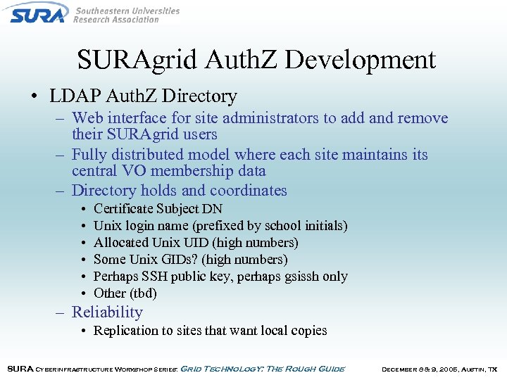 SURAgrid Auth. Z Development • LDAP Auth. Z Directory – Web interface for site