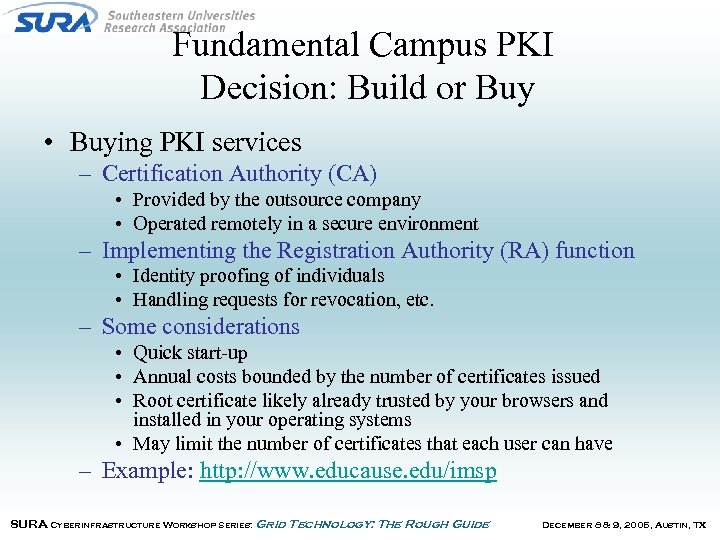 Fundamental Campus PKI Decision: Build or Buy • Buying PKI services – Certification Authority