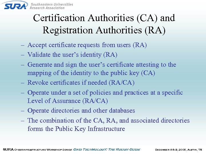 Certification Authorities (CA) and Registration Authorities (RA) – Accept certificate requests from users (RA)