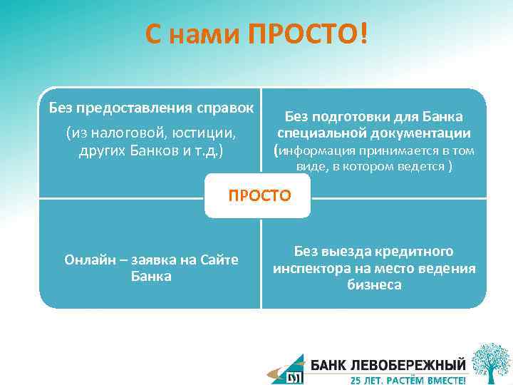 С нами ПРОСТО! Без предоставления справок (из налоговой, юстиции, других Банков и т. д.