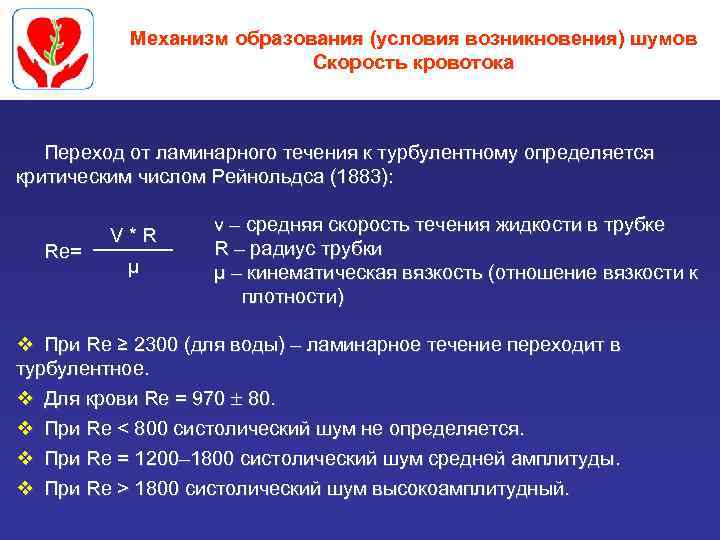 Механизм образования (условия возникновения) шумов Скорость кровотока Переход от ламинарного течения к турбулентному определяется