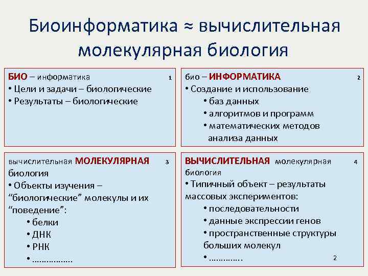 Биоинформатика ≈ вычислительная молекулярная биология БИО – информатика • Цели и задачи – биологические