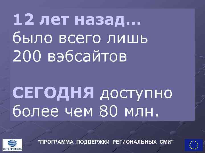 12 лет назад… было всего лишь 200 вэбсайтов СЕГОДНЯ доступно более чем 80 млн.