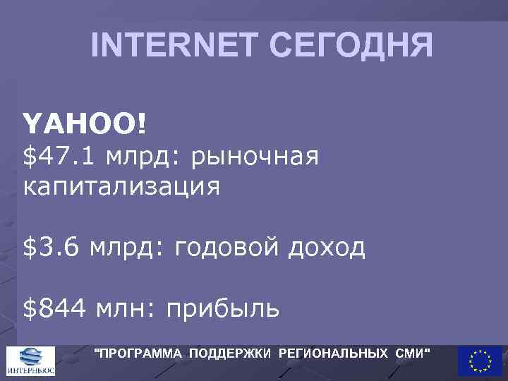 INTERNET СЕГОДНЯ YAHOO! $47. 1 млрд: рыночная капитализация $3. 6 млрд: годовой доход $844