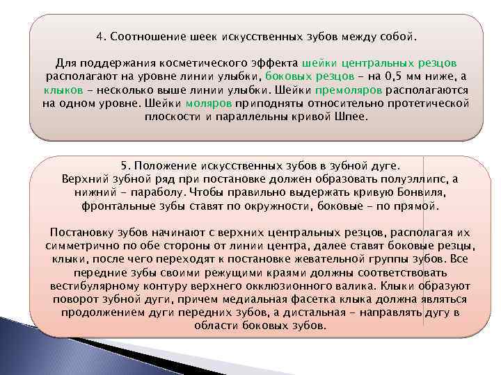 4. Соотношение шеек искусственных зубов между собой. Для поддержания косметического эффекта шейки центральных резцов