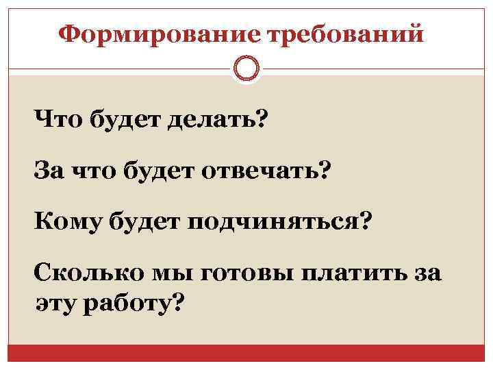 Формирование требований Что будет делать? За что будет отвечать? Кому будет подчиняться? Сколько мы