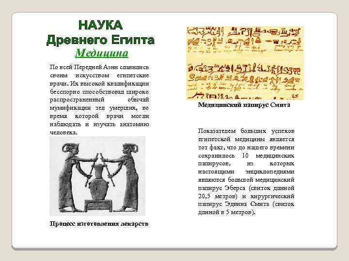 Медицина По всей Передней Азии славились своим искусством египетские врачи. Их высокой квалификации бесспорно