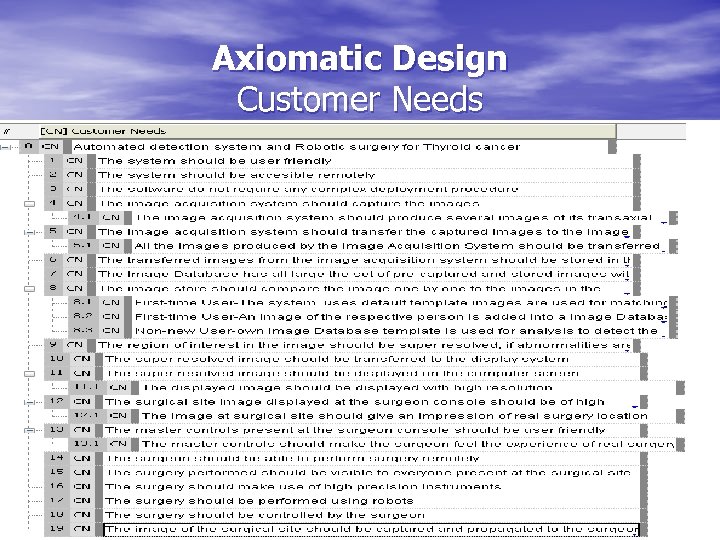 Axiomatic Design Customer Needs 