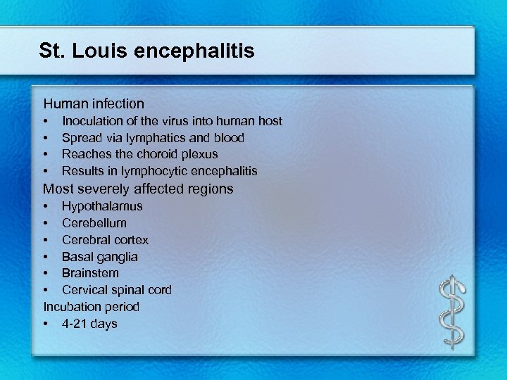 St. Louis encephalitis Human infection • • Inoculation of the virus into human host