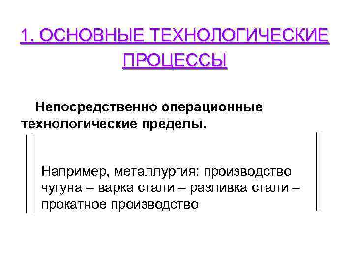 1. ОСНОВНЫЕ ТЕХНОЛОГИЧЕСКИЕ ПРОЦЕССЫ Непосредственно операционные технологические пределы. Например, металлургия: производство чугуна – варка