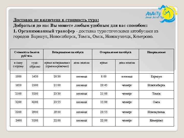 Доставка не включена в стоимость тура: Добраться до нас Вы можете любым удобным для