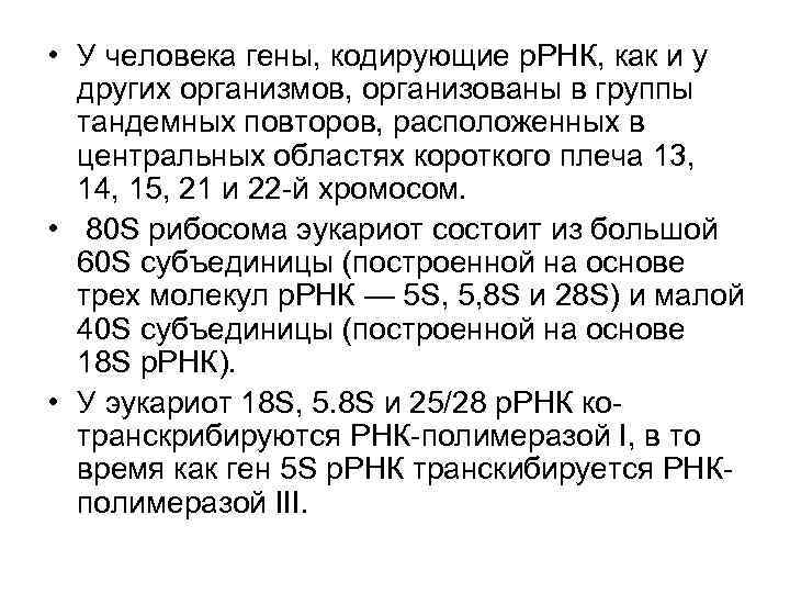  • У человека гены, кодирующие р. РНК, как и у других организмов, организованы