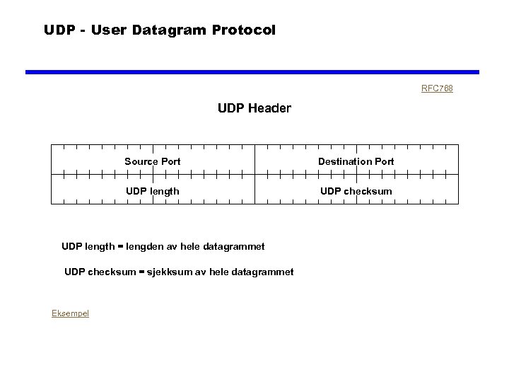 UDP - User Datagram Protocol RFC 768 UDP Header Source Port Destination Port UDP