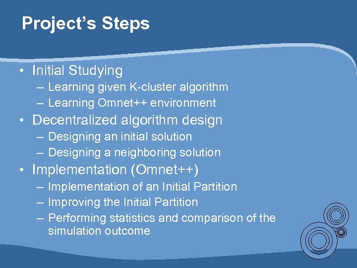 Project’s Steps • Initial Studying – Learning given K-cluster algorithm – Learning Omnet++ environment