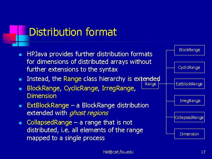 Distribution format n n n HPJava provides further distribution formats for dimensions of distributed