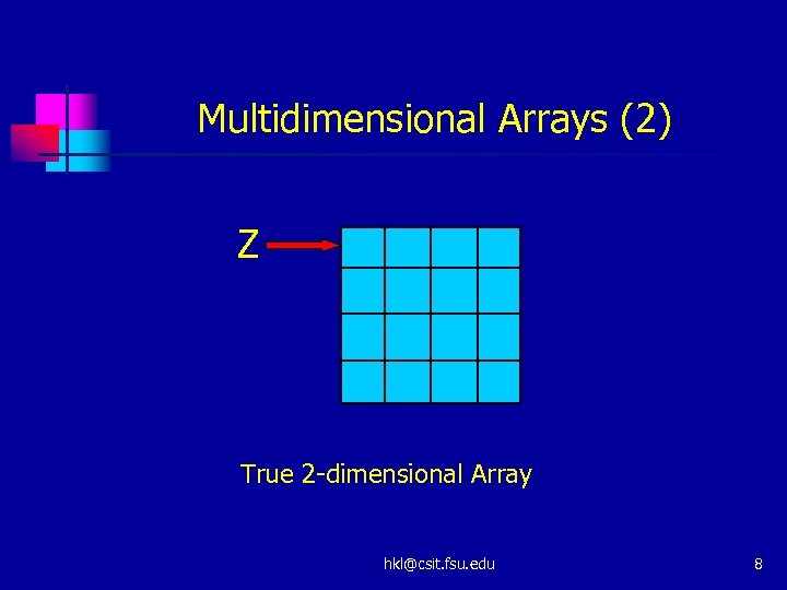 Multidimensional Arrays (2) Z True 2 -dimensional Array hkl@csit. fsu. edu 8 