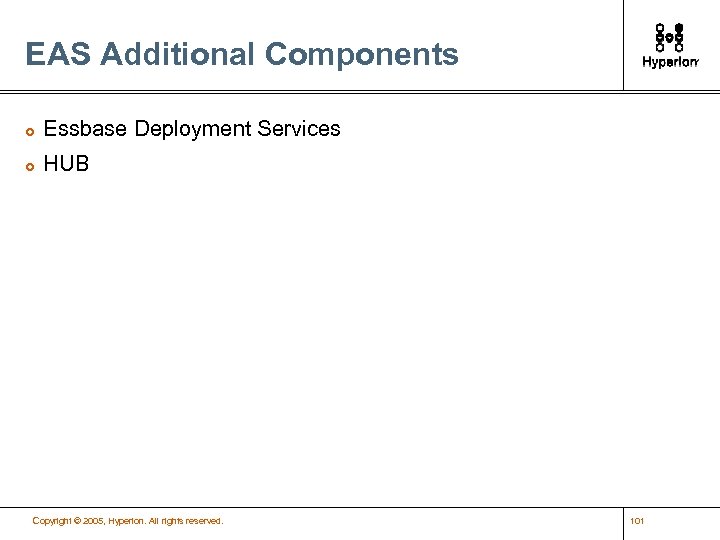 EAS Additional Components £ Essbase Deployment Services £ HUB Copyright © 2005, Hyperion. All