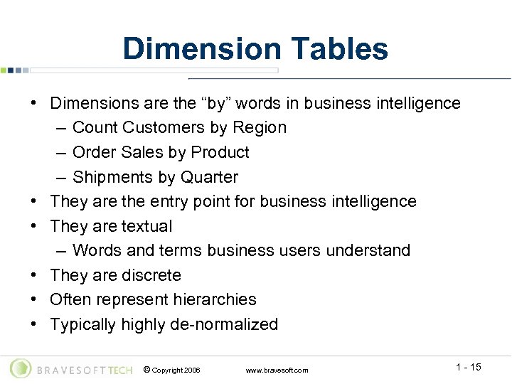 Dimension Tables • Dimensions are the “by” words in business intelligence – Count Customers