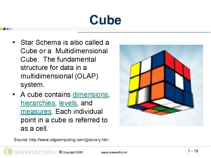 Cube • Star Schema is also called a Cube or a Multidimensional Cube. The