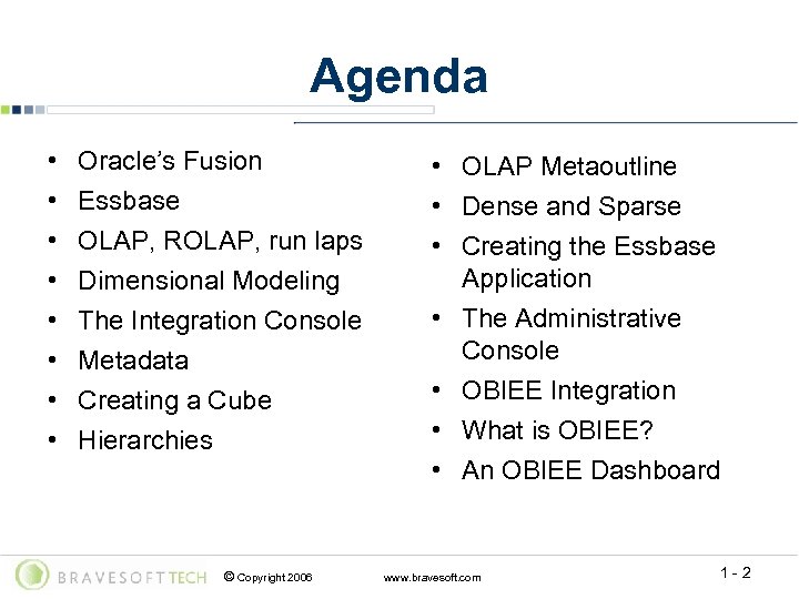 Agenda • • Oracle’s Fusion Essbase OLAP, ROLAP, run laps Dimensional Modeling The Integration