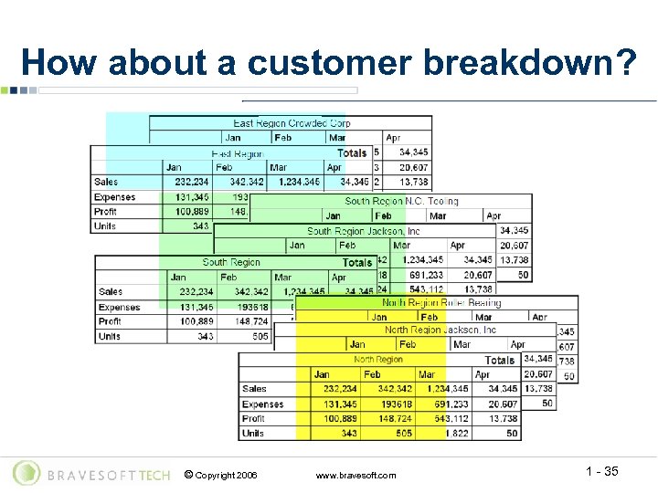 How about a customer breakdown? © Copyright 2006 www. bravesoft. com 1 - 35