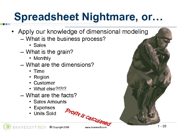 Spreadsheet Nightmare, or… • Apply our knowledge of dimensional modeling – What is the