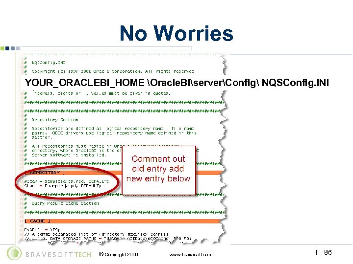 No Worries YOUR_ORACLEBI_HOME Oracle. BIserverConfig NQSConfig. INI © Copyright 2006 www. bravesoft. com 1