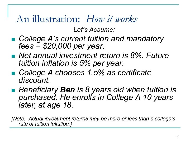 An illustration: How it works Let’s Assume: n n College A’s current tuition and