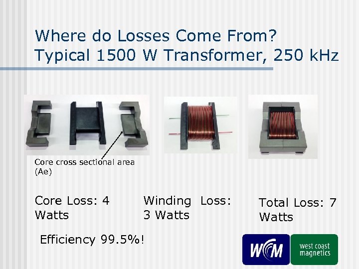 Where do Losses Come From? Typical 1500 W Transformer, 250 k. Hz Core cross