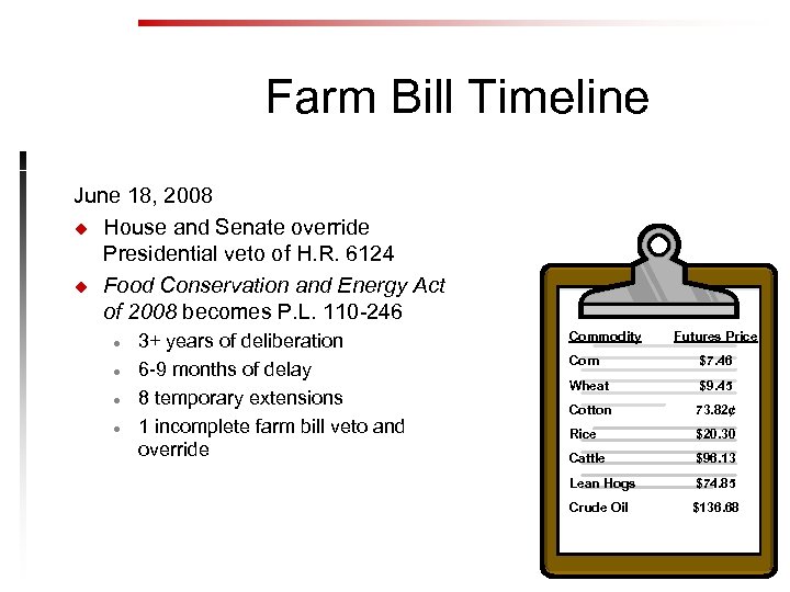 Farm Bill Timeline June 18, 2008 u House and Senate override Presidential veto of