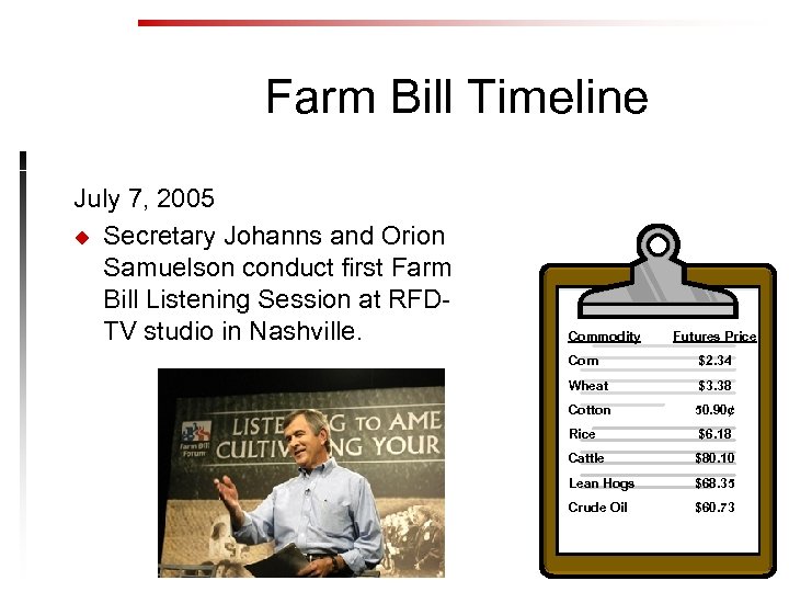 Farm Bill Timeline July 7, 2005 u Secretary Johanns and Orion Samuelson conduct first