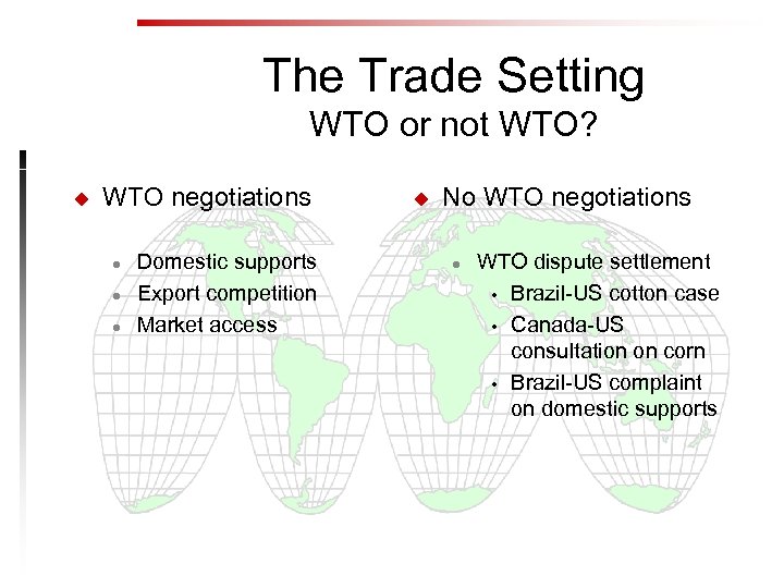 The Trade Setting WTO or not WTO? u WTO negotiations l l l Domestic
