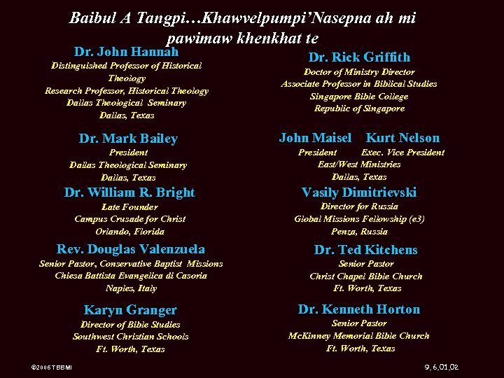 Baibul A Tangpi…Khawvelpumpi’Nasepna ah mi pawimaw khenkhat te Dr. John Hannah Dr. Rick Griffith