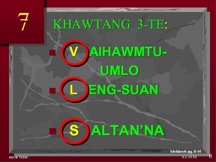 7 KHAWTANG 3 -TE: V AIHAWMTUUMLO L ENG-SUAN S ALTAN’NA hlehbook pg. 8 -14