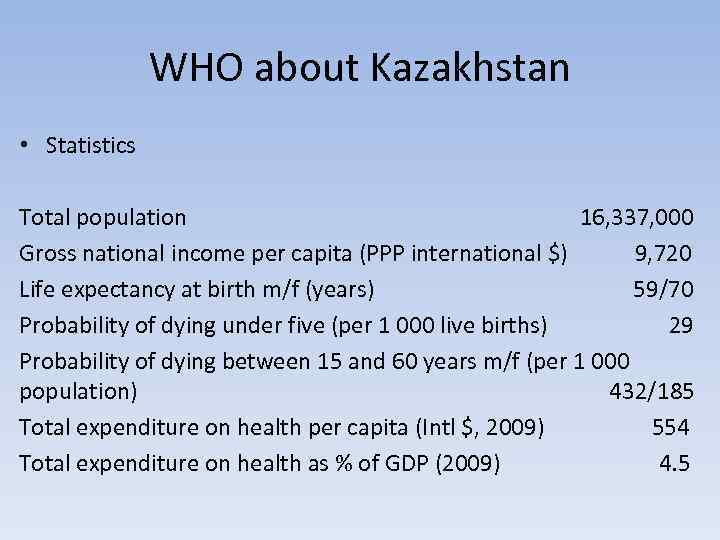WHO about Kazakhstan • Statistics Total population 16, 337, 000 Gross national income per