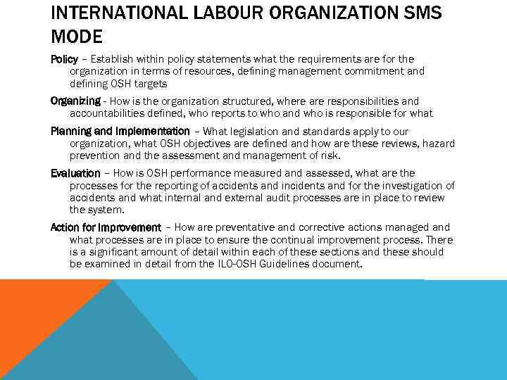 INTERNATIONAL LABOUR ORGANIZATION SMS MODE Policy – Establish within policy statements what the requirements