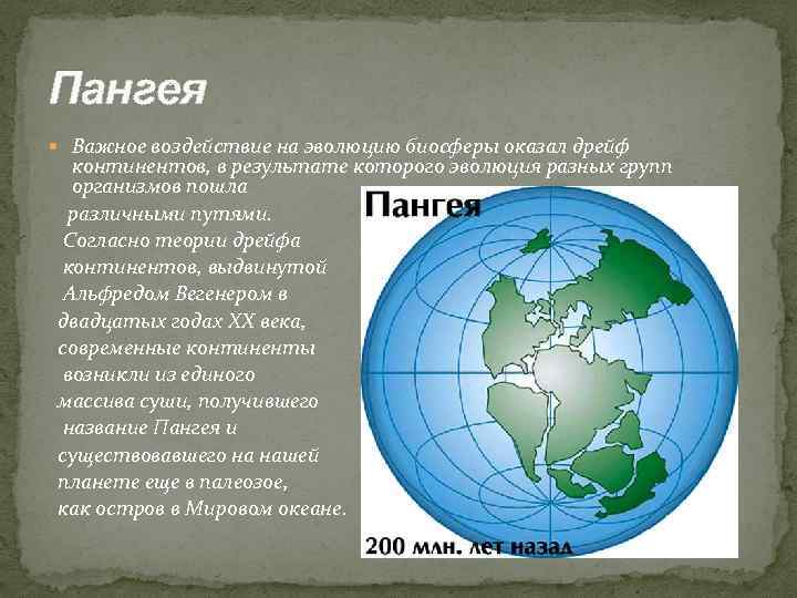 Пангея Важное воздействие на эволюцию биосферы оказал дрейф континентов, в результате которого эволюция разных