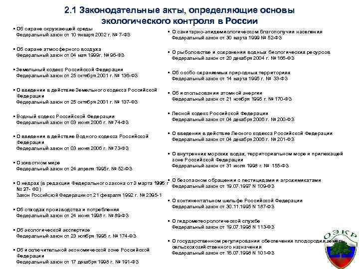 2. 1 Законодательные акты, определяющие основы экологического контроля в России • Об охране окружающей