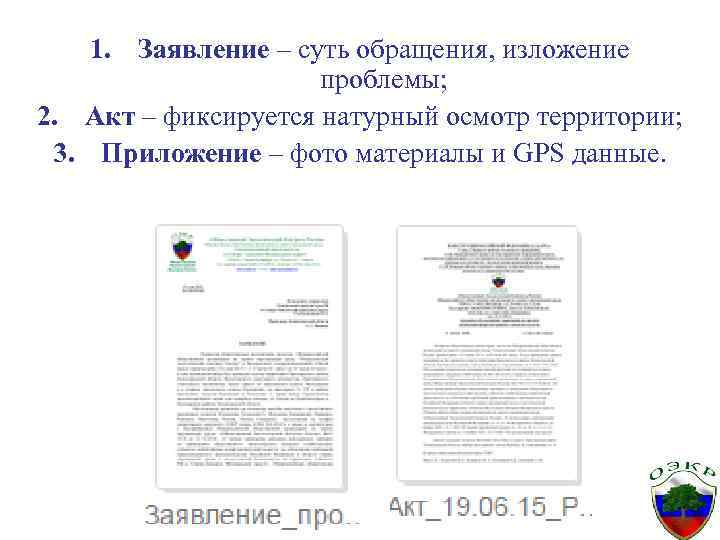 1. Заявление – суть обращения, изложение проблемы; 2. Акт – фиксируется натурный осмотр территории;