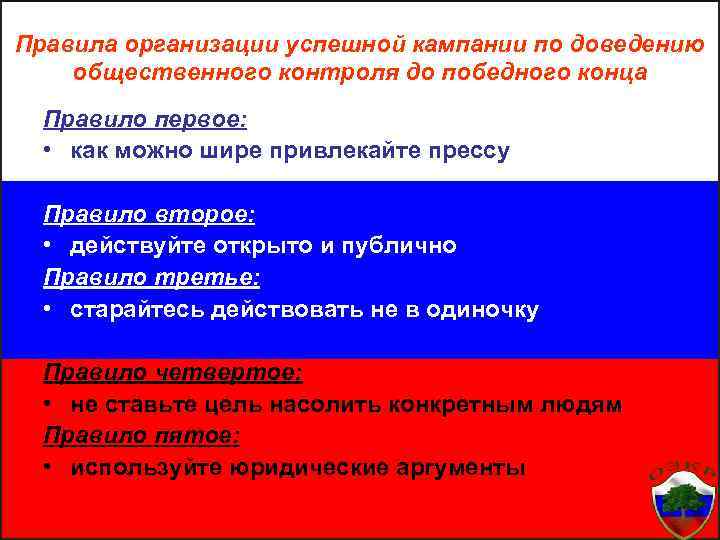 Правила организации успешной кампании по доведению общественного контроля до победного конца Правило первое: •