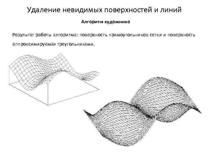 Удаление невидимых поверхностей и линий Алгоритм художника Результат работы алгоритма: поверхность прямоугольников сетки и