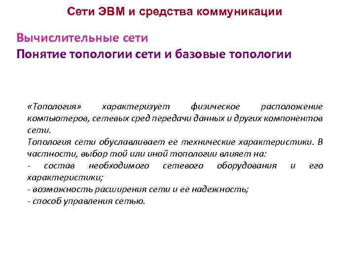 Сети ЭВМ и средства коммуникации Вычислительные сети Понятие топологии сети и базовые топологии «Топология»