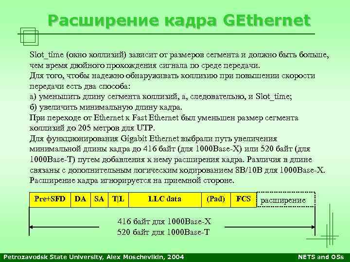 Расширение кадра GEthernet Slot_time (окно коллизий) зависит от размеров сегмента и должно быть больше,