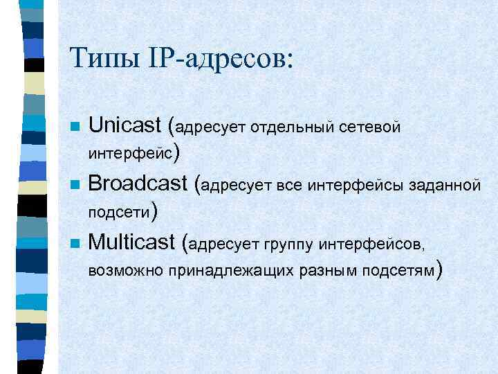 Типы IP-адресов: n n n Unicast (адресует отдельный сетевой интерфейс) Broadcast (адресует все интерфейсы
