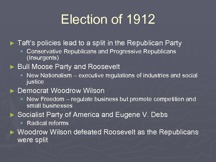 Election of 1912 ► Taft’s policies lead to a split in the Republican Party